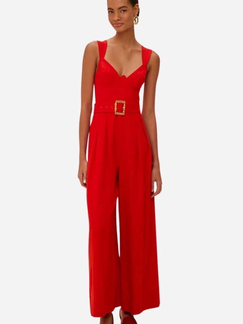FARM Rio Scarlet Wide-Leg Belted Jumpsuit